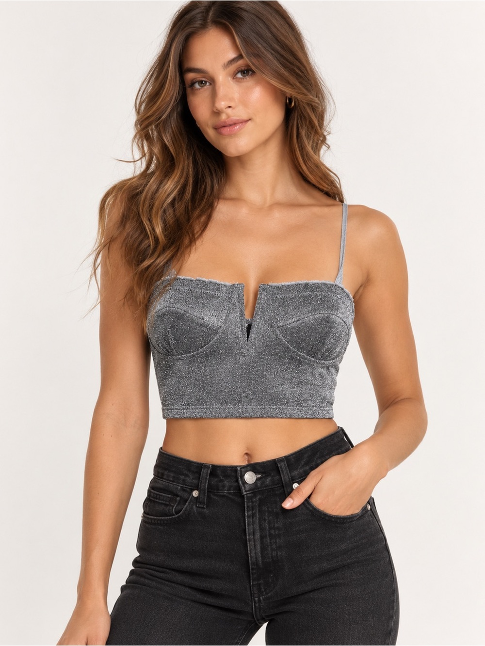 Sparkle Cropped Cami wire Top in Silver - Large